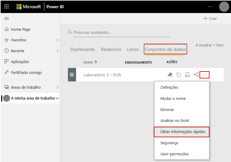 Captura de ecrã a mostrar A minha área de trabalho, o separador Conjuntos de Dados, as reticências e Obter informações rápidas.