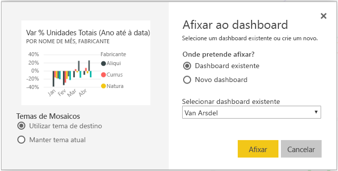 Captura de ecrã da caixa de diálogo Afixar no dashboard.