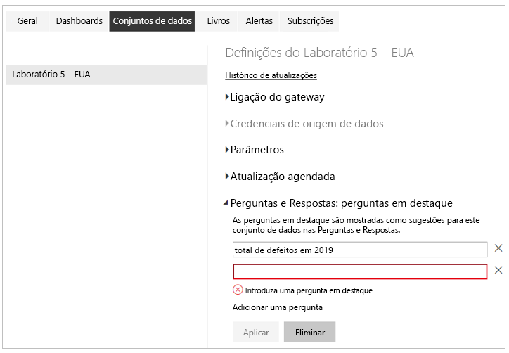 Captura de ecrã da opção Conjuntos de Dados para adicionar 'Perguntas e respostas em destaque'.