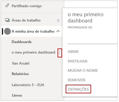 Captura de ecrã da opção 'As minhas áreas de trabalho', 'Definições'.