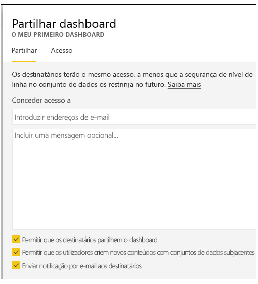 Captura de ecrã da caixa de diálogo 'Partilhar painel'.