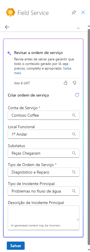 Captura de tela da ordem de serviço criada pelo Copilot no Field Service para revisão.