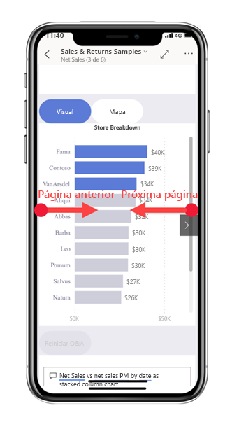 Captura de ecrã de páginas de navegação deslizando para a direita e para a esquerda.