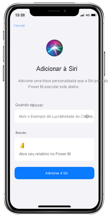 Captura de ecrã que mostra como adicionar frase usando a página Adicionar à Siri.