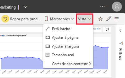 Captura de ecrã das opções do Power BI menu Ver.