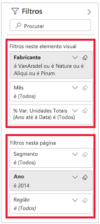 Captura de ecrã do painel Filtros com Filtros nesta página realçado.