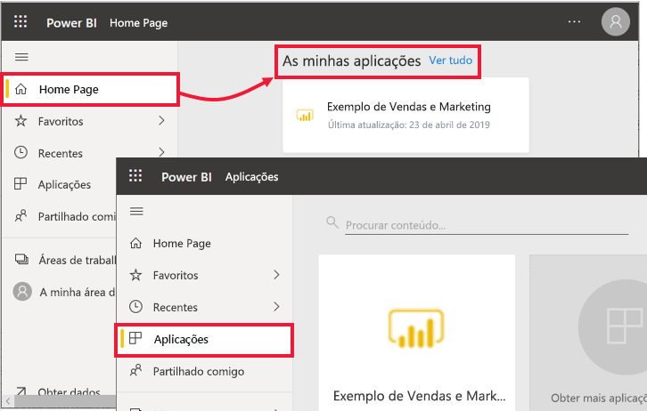 Captura de ecrã do Power BI ícone Aplicações na barra de navegação.