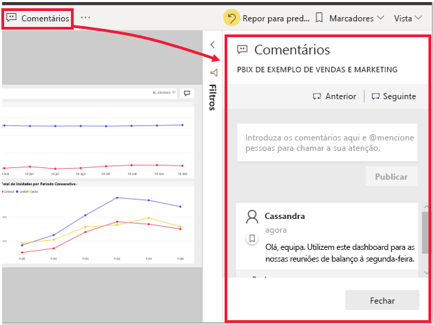 Captura de ecrã de um exemplo de painel partilhado com um comentário.