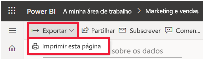 Captura de ecrã do Power BI menu Ficheiro expandido e Imprimir esta página realçado.