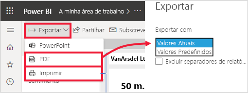 Captura de ecrã do Power BI menu Exportar expandida e a opção PDF realçada.