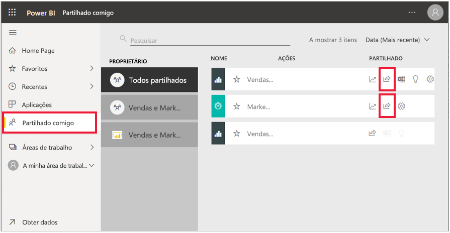 Captura de ecrã do ícone Partilhar junto ao relatório.