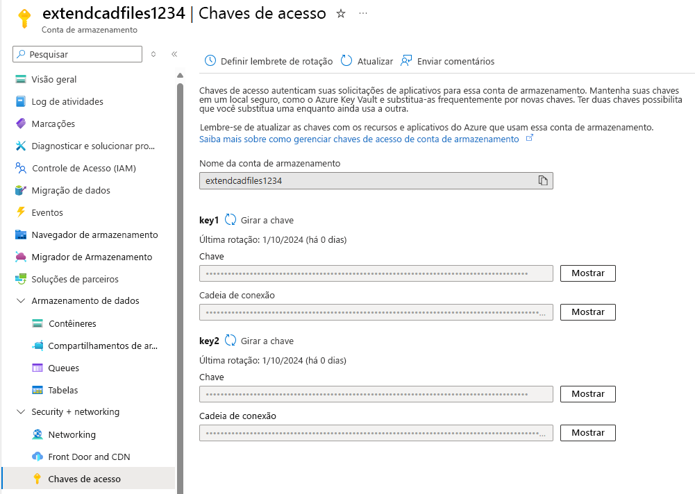 Captura de ecrã da opção Teclas de acesso em Segurança + rede.