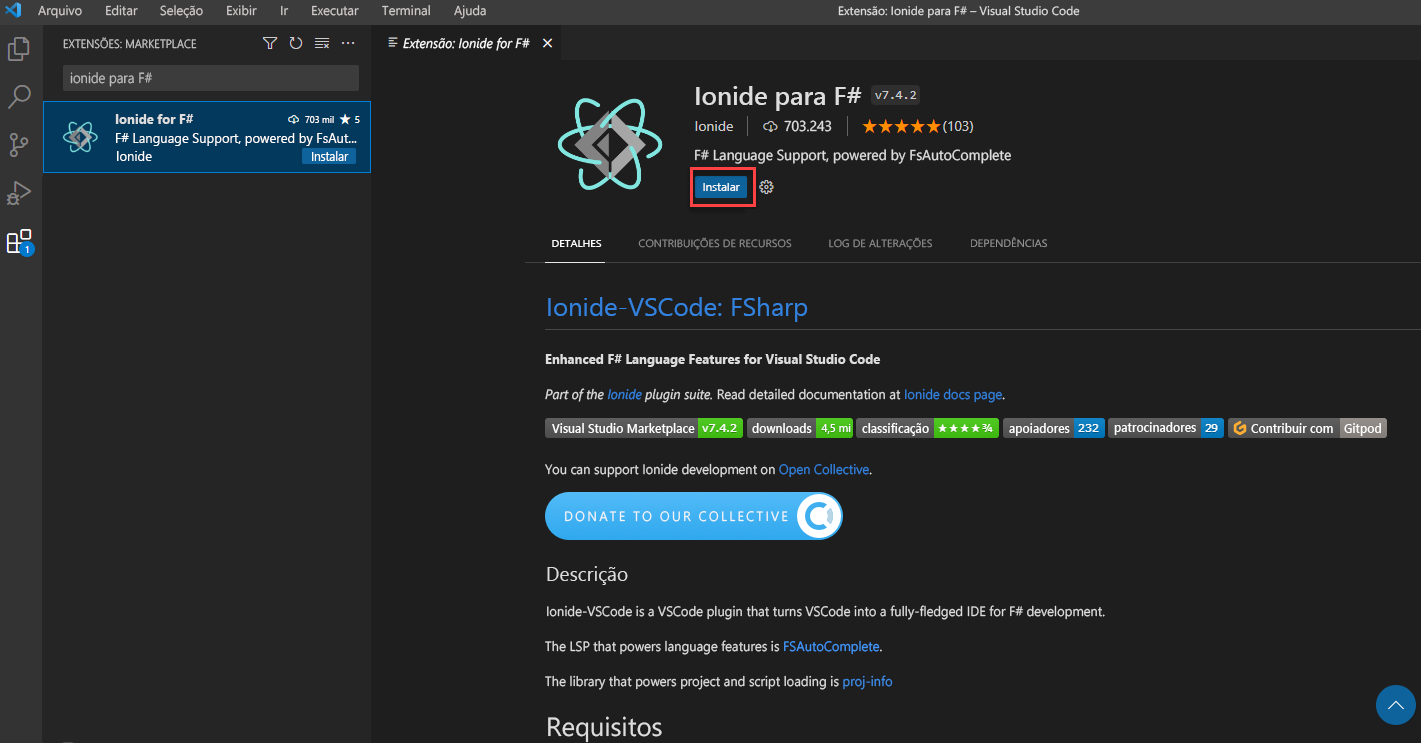 Screenshot of the Visual Studio Code extensions view that displays the F# Ionide extension install page with a box around the Install button.