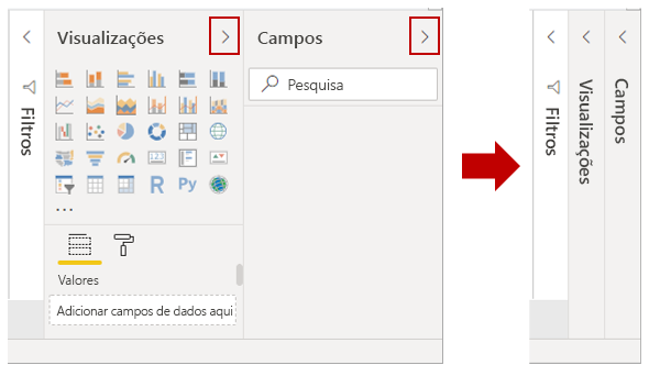 Você pode recolher ou expandir as Visualizações e Campos.