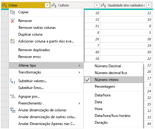 Captura de ecrã do menu Alterar tipo.