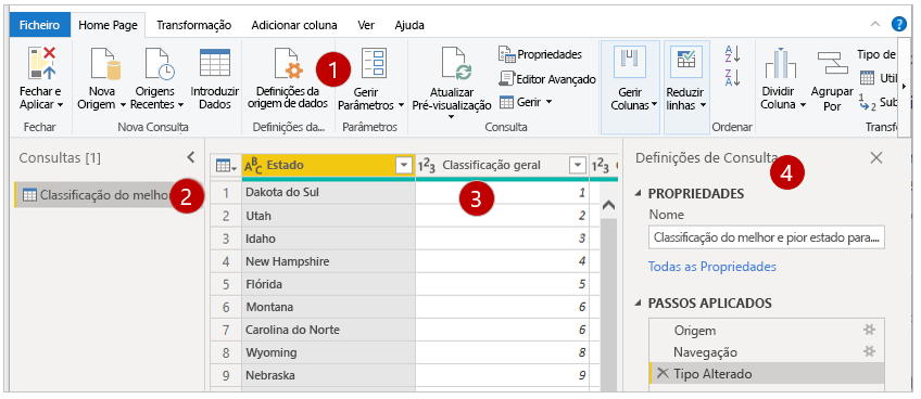 As quatro áreas da Power Query ecrã Editor.