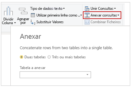 Captura de ecrã do botão e da caixa de diálogo Acrescentar Consultas.