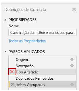 Captura de ecrã de como remover passos da secção Passos Aplicados.