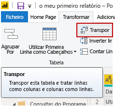 Captura de ecrã do botão Transpor