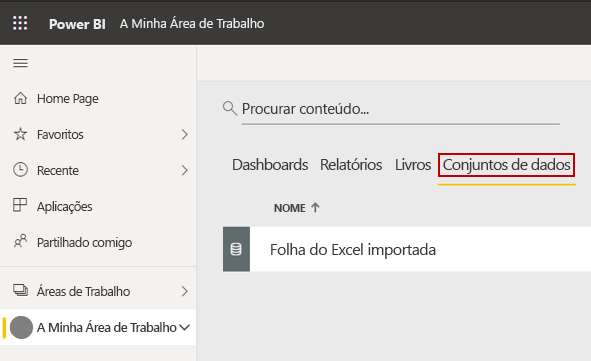 Captura de ecrã da janela Meu espaço de trabalho, conjuntos de dados.