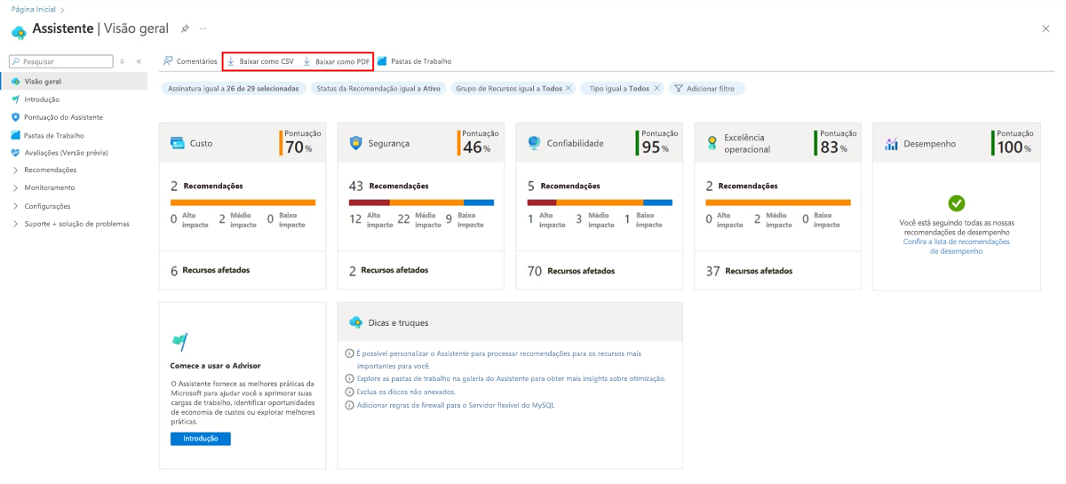 Captura de ecrã a mostrar como exportar recomendações do Advisor.