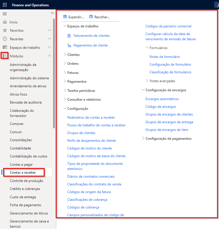 Captura de tela do painel de navegação com o módulo Contas a receber selecionado.