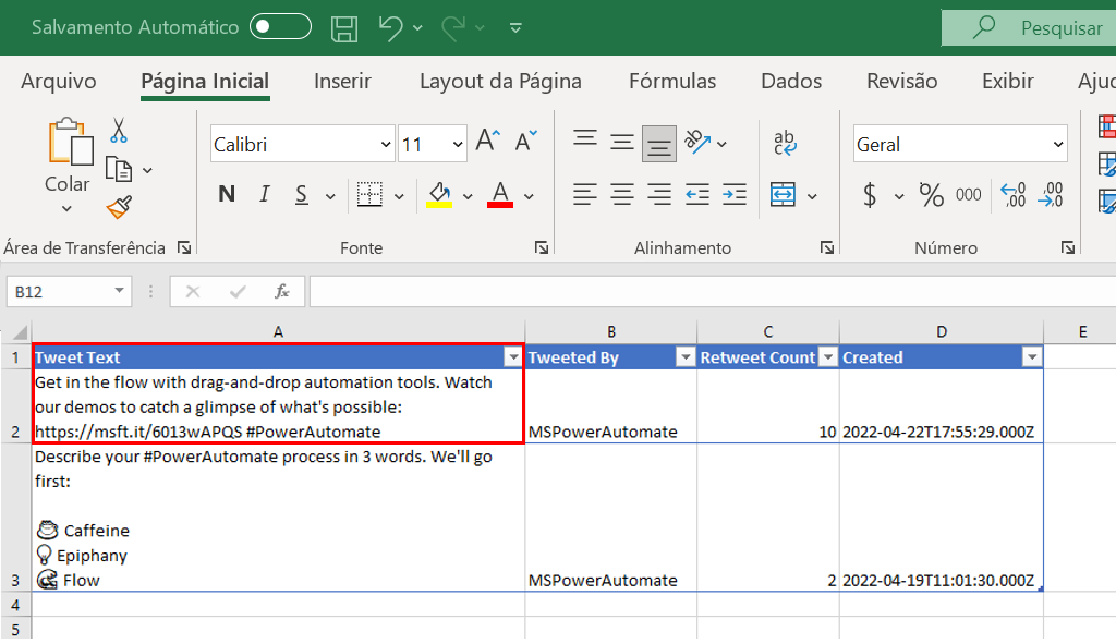 Captura de tela do mesmo tweet em uma planilha do Excel.