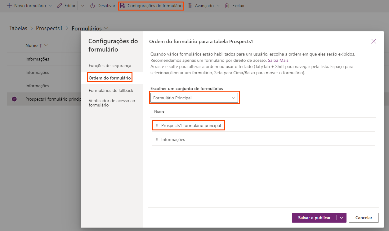 Captura de tela das configurações de ordem do formulário.