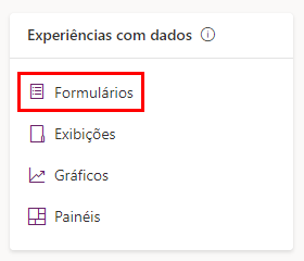 Captura de tela mostrando um closeup do painel de experiências de dados com Formulários realçado.