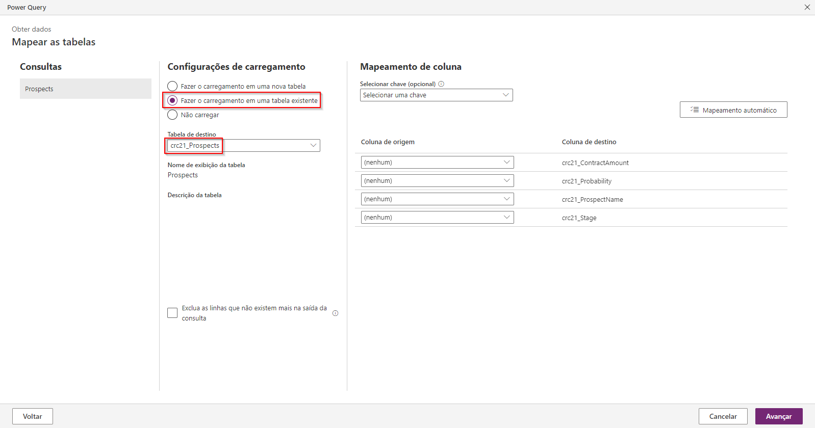 Captura de tela da janela do Power Query mostrando configurações de carga e mapeamento de coluna com carga para a tabela existente.