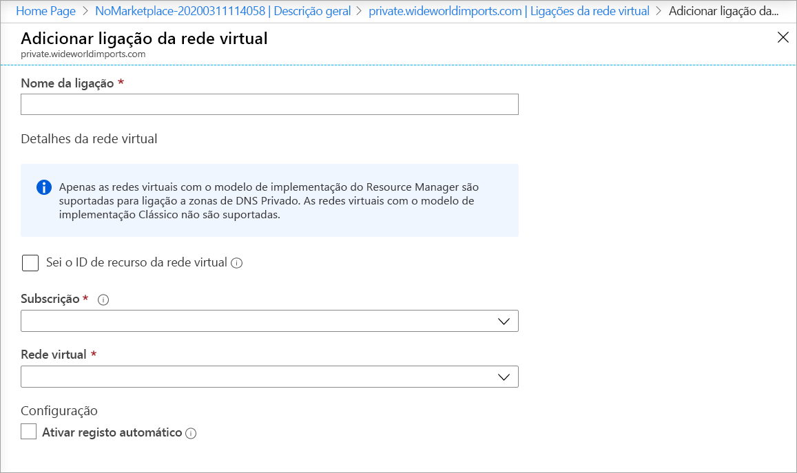 Captura de ecrã da página Adicionar ligação de rede virtual.