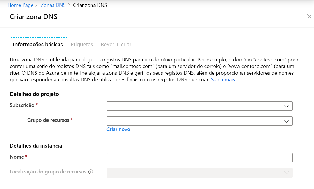 Captura de ecrã da página Criar zona DNS.