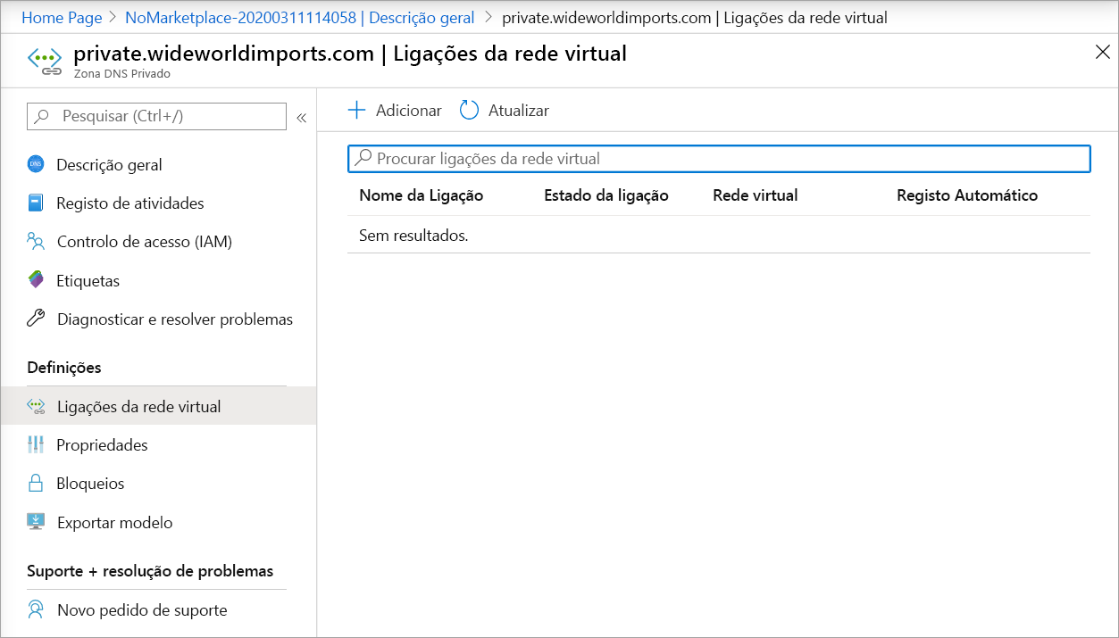 Captura de ecrã da página Ligações de Rede Virtual numa zona DNS privada.