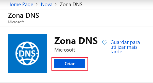 Captura de ecrã da zona DNS, com Create realçado.