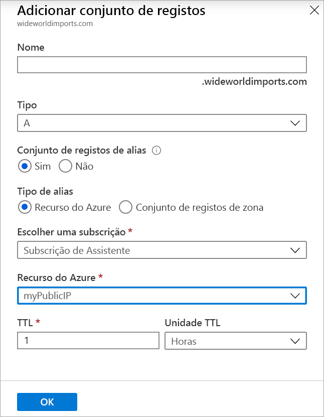 Captura de ecrã de Adicionar conjunto de registos.