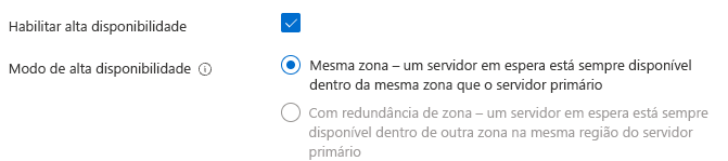 Captura de tela da seleção para habilitar a alta disponibilidade da mesma zona após a criação do servidor.