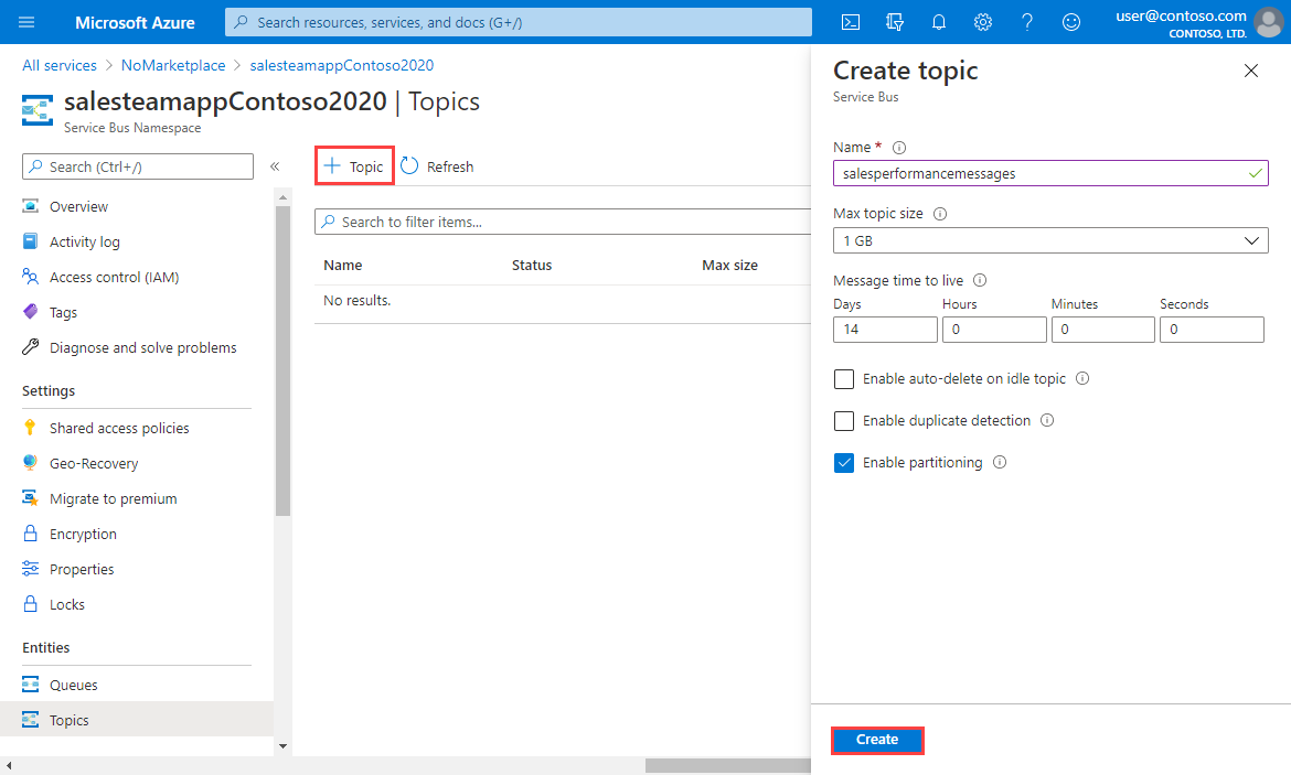 Captura de tela do namespace do Service Bus e dos painéis Criar tópico com Tópico e Criar realçados.