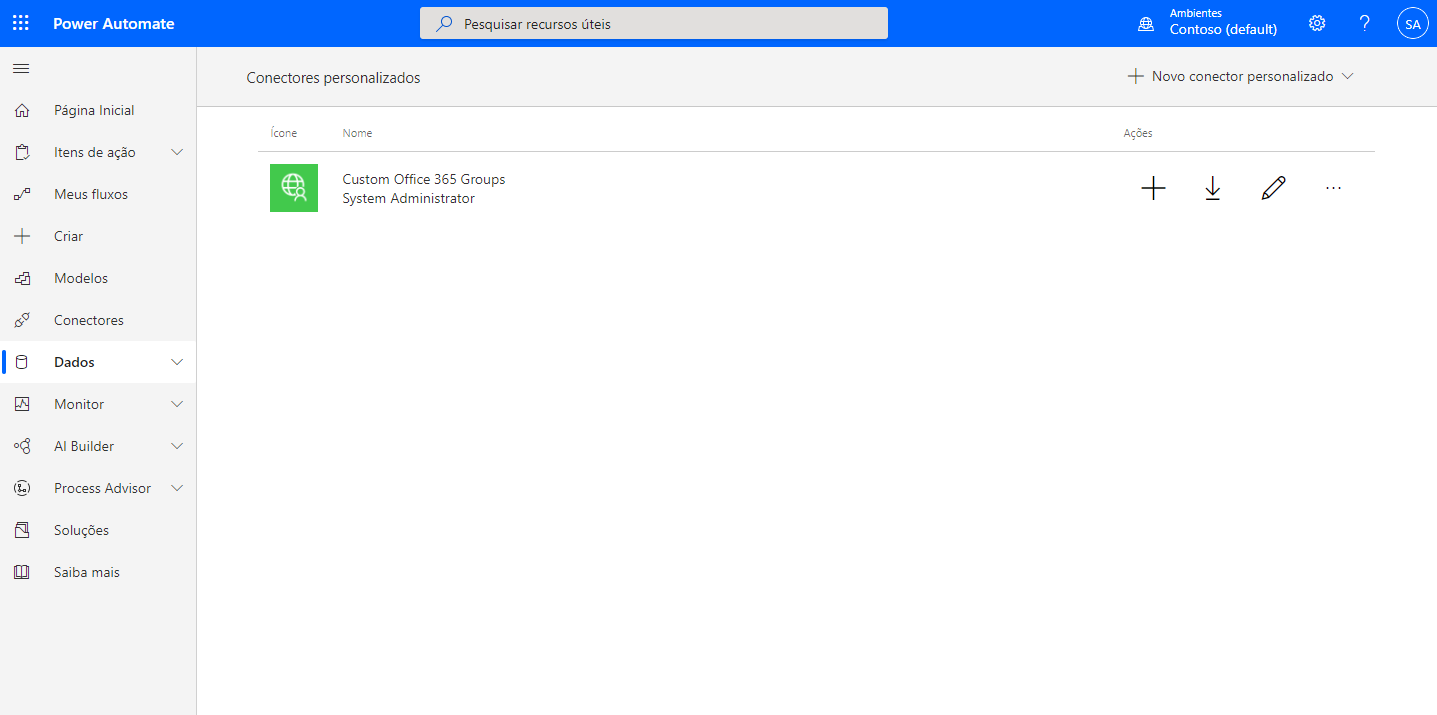 Captura de tela da página Conectores personalizados do Power Automate com Grupos Personalizados do Office 365 adicionados.