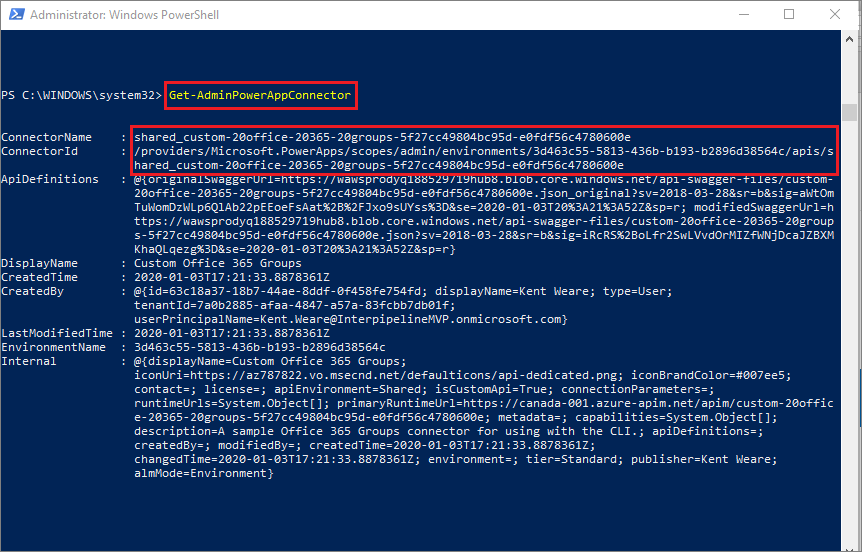 Captura de tela dos resultados de obter conector com o comando Get-AdminPowerAppConnector e os valores de ConnectorName e ConnectorId realçados.