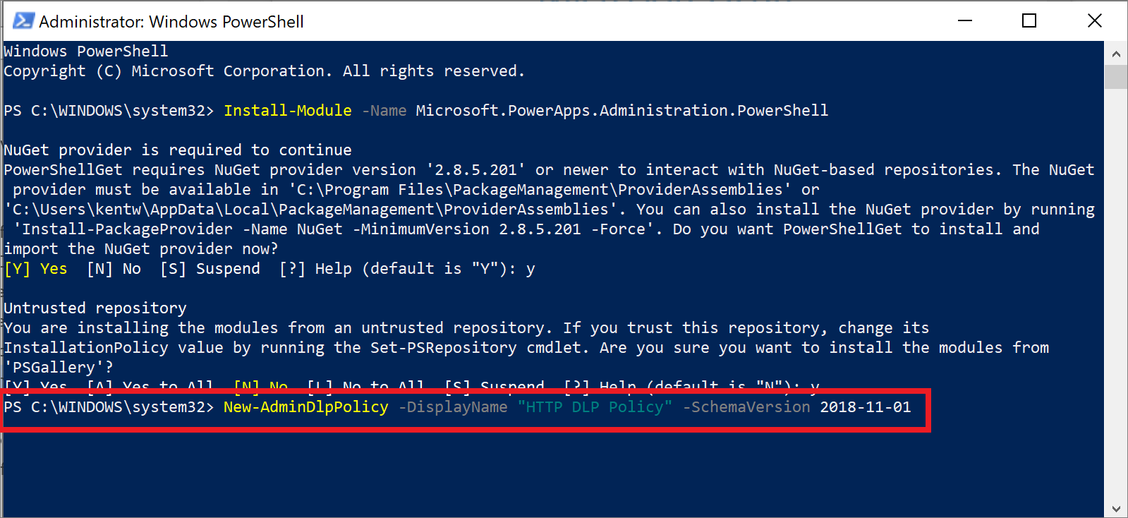 Captura de tela da política H T T P D L P do PowerShell.