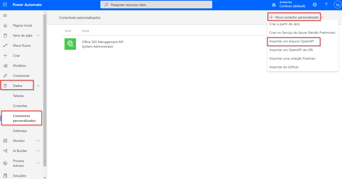 Captura de tela da página Dados do Power Automate > Conectores personalizados com o menu Novo conector personalizado expandido e Importar um arquivo OpenAPI realçado.