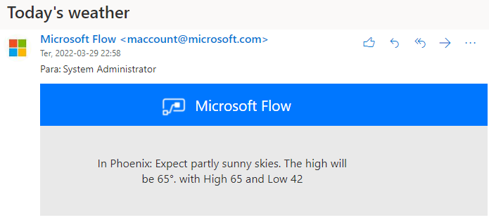 Captura de tela de um email enviado pelo fluxo da nuvem para o clima de Phoenix.