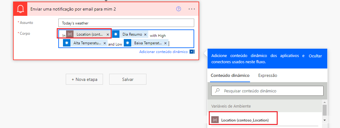 Captura de tela do processo de adição de um componente dinâmico para a notificação por email.