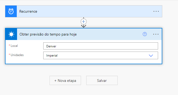 Captura de tela da etapa do fluxo Obter previsão do tempo para hoje.