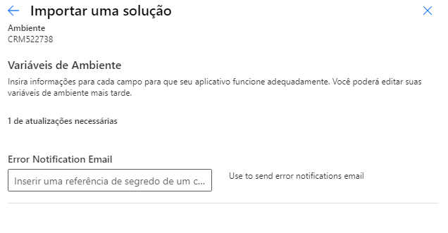 Captura de tela das variáveis de ambiente de Importar uma solução.