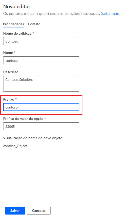 Captura de tela da criação de um novo editor para a Contoso.