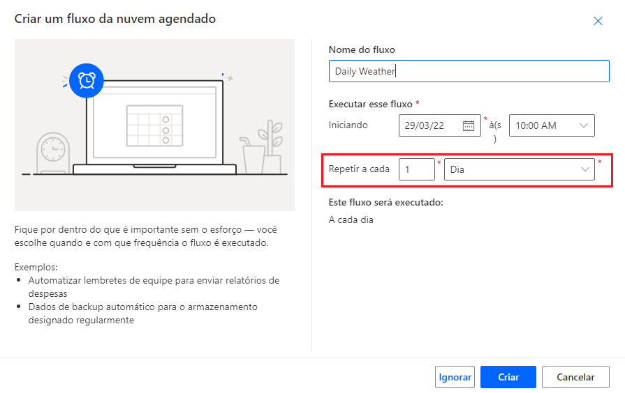 Captura de tela da configuração de Criar um fluxo da nuvem agendado.