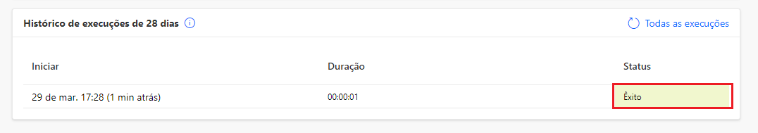 Captura de tela do histórico de execução do fluxo com o status Bem-sucedido realçado.