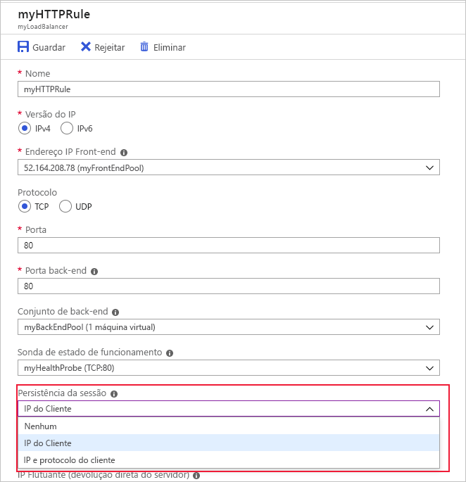 Captura de ecrã a mostrar como definir afinidade IP no portal do Azure.