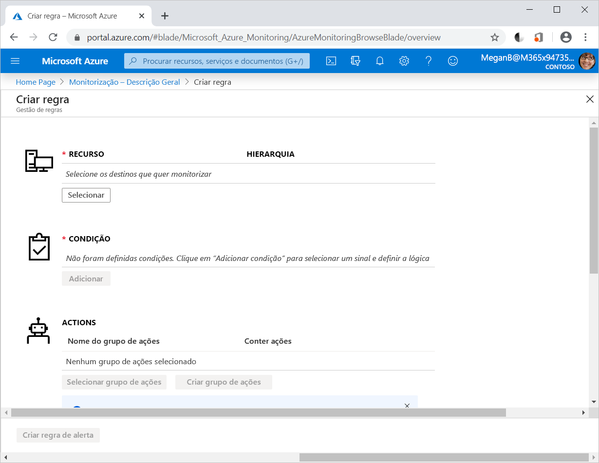 Captura de ecrã da página Criar regra no portal do Azure Monitor.